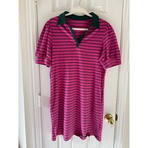 Preppy Striped Polo Dress Pink Green‎ Rugby Style Split Neck Casual Cotton L